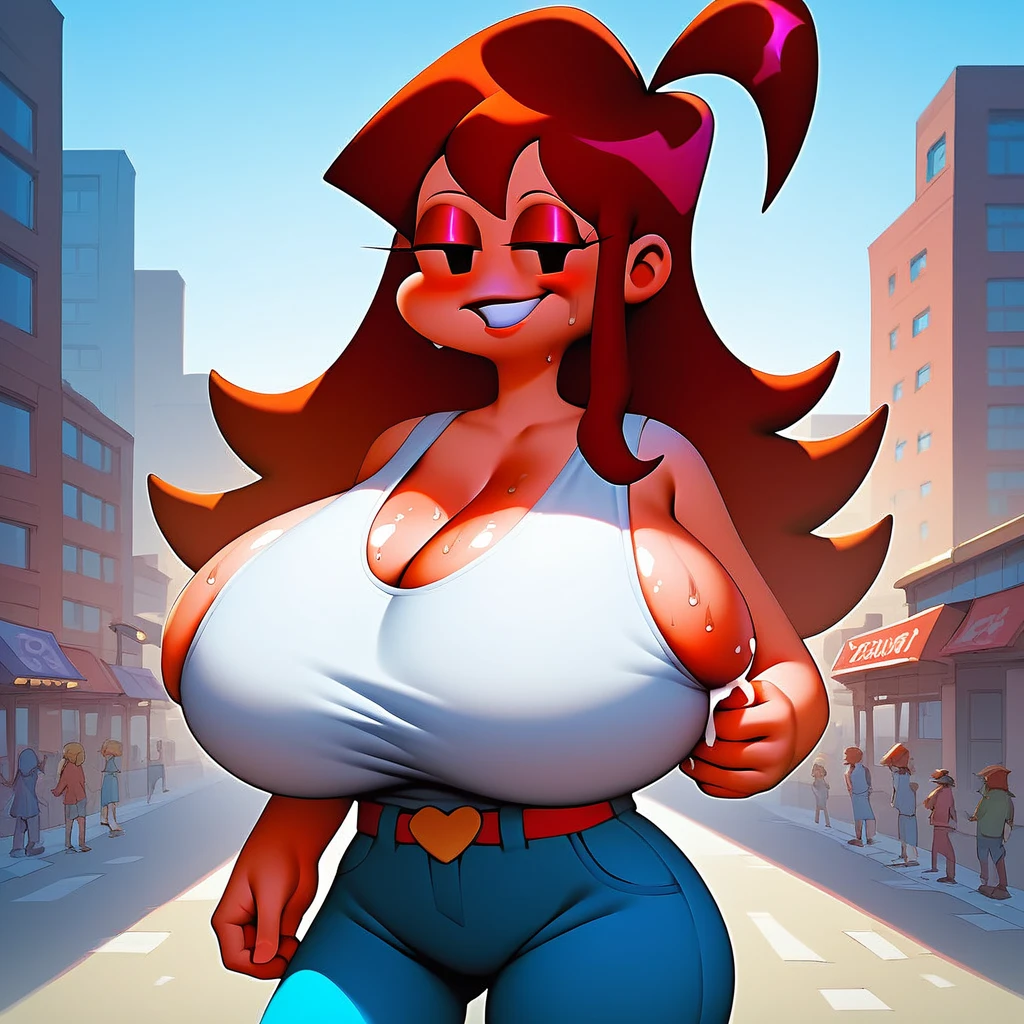(best quality:1.4),(shiny skin), body focus, (cute face), (((best quality))), illustration, ((Beautiful Finger)), Beautiful body, Beautiful character design, ,perfect lighting, Colorful, Bright_Front_face_Lighting, ultra high res, highres, absurdres:1.2, bokeh:1.2, lens flare, (vibrant_color:1.2), (Beautiful, large breasts:1.4), full body view, (on the street in a crowd of people), ((nude, naked, big round breast, some hear on vagina, ripped stockings)), adult, NSFW
Reddish-orange hair, red hairclip, circular glasses, (brown eyes:1.2), smile (chubby:1), ( of small stature,