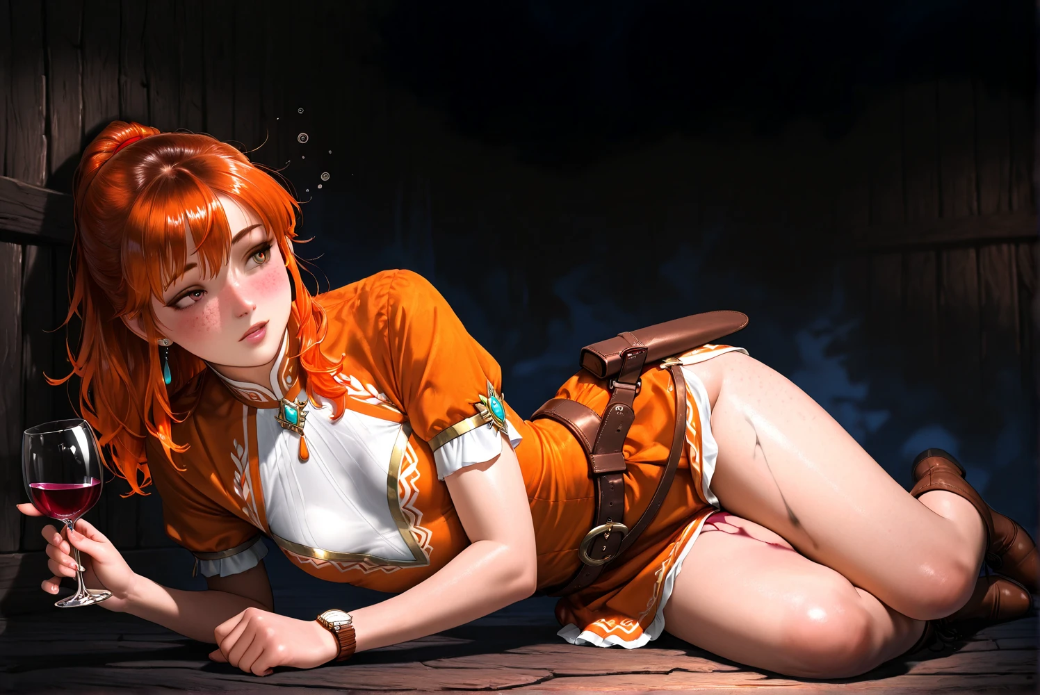 anime, illustration, fantasy, Pelo rojo, adult, show her boobs nude:1.2, show her pussy:1.2, spread legs