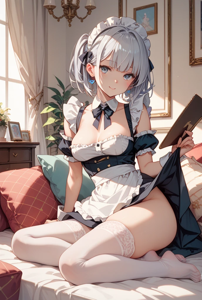table top High level image quality best image quality 8K lady(I) full body portrait white long gloves white stockings lingerie((Tube top)blanche)) wolf ears short hair((shortcut)(gray hair)(perm)(fluffy)) eye color is blue smile(lure) background(Bedroom) lie down