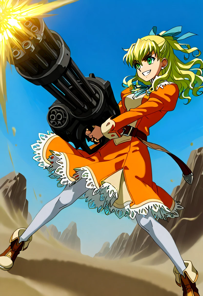((high detailed animated painting illustration:1.5)), side stance, side view, (((one only a large-Gatling-Gun:1.5))), ((two-handed side grab holding:1.5)), ((heavy Gatling Gun)), ((rapid firing shoting a large Gatling Gun)), (((gunpoint muzzle-flash:1.2))), Gatling Gun gunpoint, big gun action, ((carry hold large-Gatling-Gun)), ((holding Gatling gun)), ((Maya Schrodinger)), light blue ribbon, ((orange/yellow clothes)), ankle length dress, white tights, belt, holster, large breasts, eyebrows, (WILD ARMS Advanced third), blond hair, dynamic angle, below, dutchangle, aerial, wilderness, wind blows, sand dust, rock surface, blue sky, animated, animation, super quality, super detailed skin, masterpiece, best illustration, textile shading, high resolution image, amazing, 1girl, solo, beautiful girl, fearless smile, battle action,