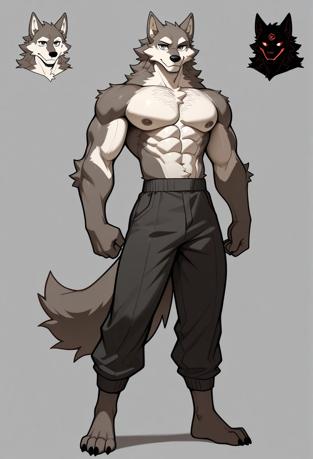 ((( masterpiece, Highest quality, High resolution, Deeply drawn boundaries, 8k, Super detailed))), ((Detailed face:1.2, Detailed eyes)), Wolf Man, male , (slim), (Latex hot pants), Full body view, Standing with legs apart, Grey Eyes, barefoot, Toned buttocks, simple background , (Abdominal muscles), Grey fur,