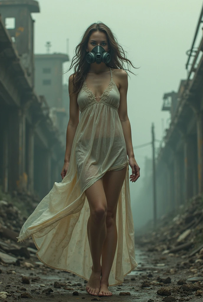 abandoned ruins，Devastated，Dilapidated，Garbage all over the ground，best qualtiy，Random white transparent small sexy lingerie and panties，full-body portraits（1：1），18 years old girls，Slender and slender figure，Skinny，As thin as a whipping post，Smaller bust，The barefoot，Naked all over the body，Wearing a naked