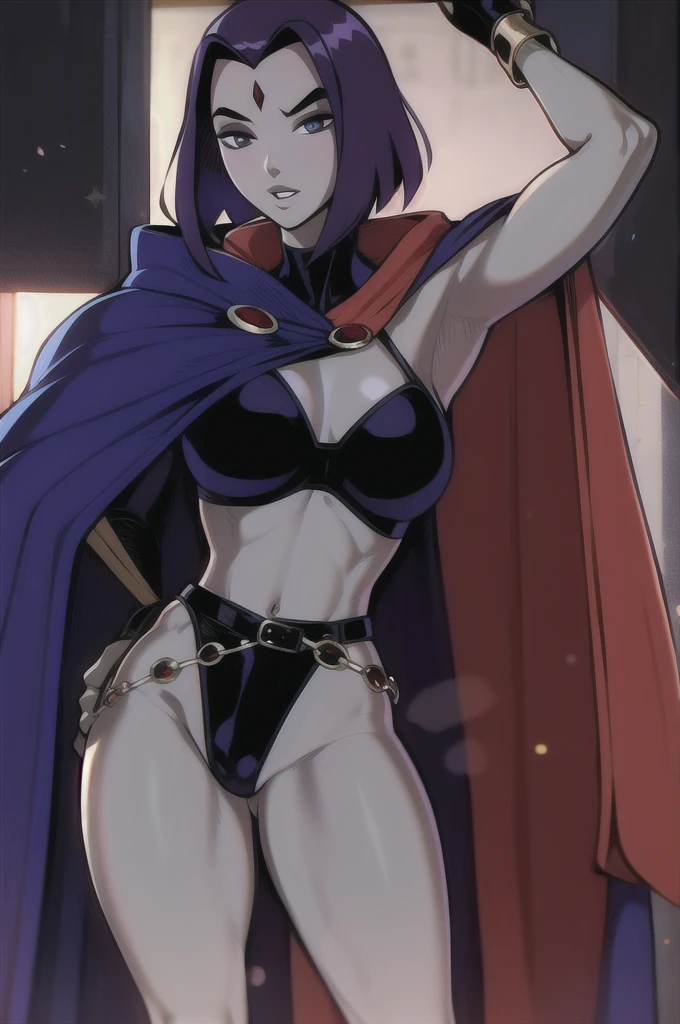 (solo:1.1),(masterpiece), (best quality:1.3),, (ultra detailed), (intricate), professional art, digital art, absurdres, shadraven, (Full body view:1.3), (far away view:1.1), 1girl, solo, (grey skin:1.4), dark purple hair, bob hair, dark purple eyes, hips wider than shoulders, pear shaped body, jewellery, detailed thighs, (thick thighs:1.3), red jewel in forehead, jewels, (long sleeved turtleneck leotard:1.4), (Red jewel Belt), (red jewel brooch), cuffs, small breasts, nipple bulge, (raven long dark purple hooded cape), (Shadraven brooch:1.2), Shadraven jewel belt, Shadraven wearing a long sleeved leotard with fingerless gloves and ankle boots and a hooded cape, long legs, ( detailed long thick veiny crotch bulge with veins showing through clothing:1.4), large penis, large testicles, side view, looking at viewer, bubble butt , gluteal crease, universal lighting,(Detailed ass),