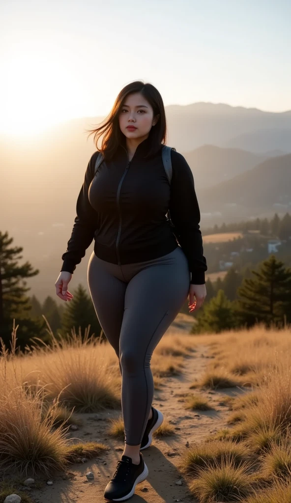 extremely muscular woman , short black hair , greeneyes , ninety centimeters of bust , ninety centimeters of hip , extremely attractive body , short stature , totally naked , barefoot , standing backwards , walking through the forest during the day , Sunnyday