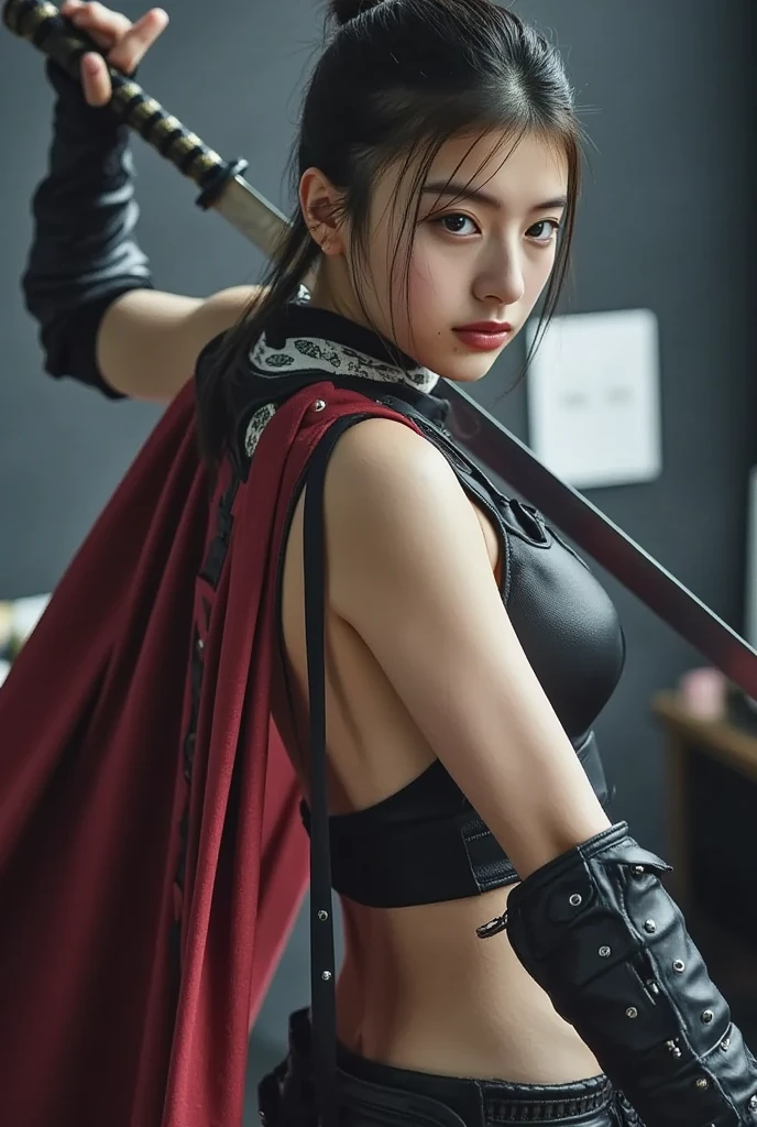 A charming beauty,Big chest,Heavy makeup,A grim expression,sexy,holding a knife