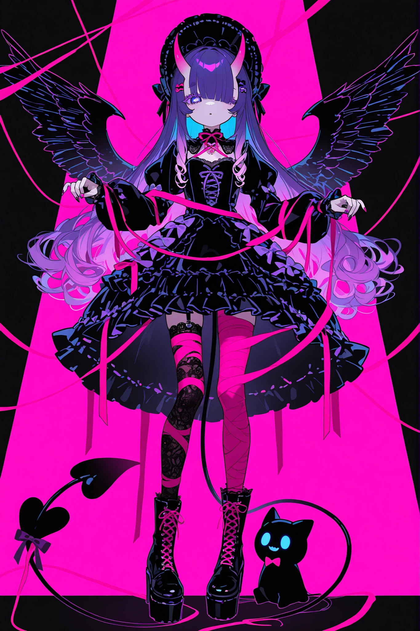 The demon girl is the devil/ pastel gothic. She has pale skintone,petite miniature bodybuilding with flat chest. She has purple eyelashes and purple eyebrows to match her hair. She has very longest curly lush purple hair with pink gradient on tips,straight bangs hair over her face
with sets of white bow hairclips. She wears black bonnet hat with bat wings. She has navi-blue eyes with heart-shaped pupils. She has long black-pink horns with pink ribbons on it, black-pink webbed wings on her back, and a black-pink devil's tail with a small purple bow at the end. She is wearing a black-pink pastel laced Gothic dress with ribbons and bows with long puffy sleeves. She has a puffy collar with a red ribbon and a blue ornament on her chest. Her long legs are wrapped in bandages and garters with a bow on her hip, lace stockings, pink lace-up ankle boots with bows. Her nails are black. On the background: pink and black Gothic-style bedroom, furnished with skulls and red ribbons hanging from the ceiling, to which scissors are tied.
