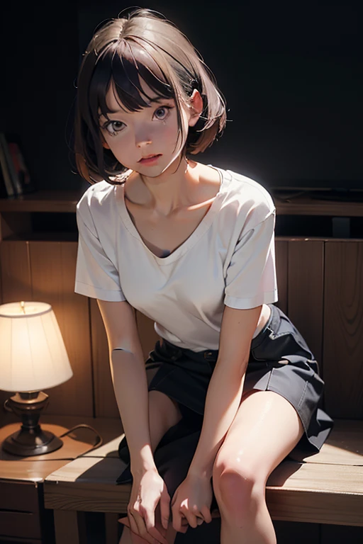 ( Highest quality, Ultra-high resolution)、girl、Black Hair、Bob Hair、melancholy、Staring out the window、A simple white T-shirt with a loose fit around the neck、Shorts、Near large windows、indoor、Sit sloppily、Outside the window it&#39;s bright, blue sky、The room is dark、Erect nipples showing through、nsfw