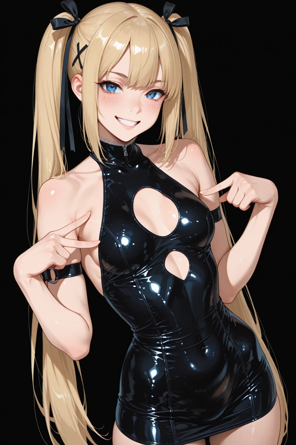 blonde girl with pigtails, wearing a black latex, black tank top, blue eyes, hand on chest, femme pose, sharp nails, rings on hand, simple background, smiling, red eye makeup, short pigtails, tight clothes, latex clothes, no bangs, no fringe, forehead