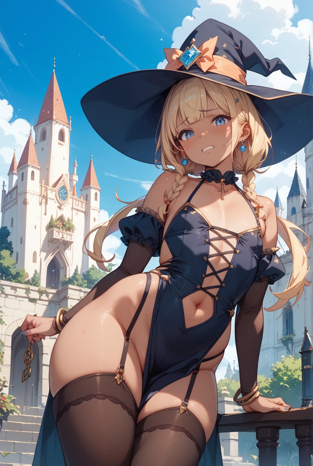 Draw a single female character in the image. in anime style at 22 years old. Wearing a sexy blue witch costume, thong panties and witch hat with her hands on a table in the living room, sticking her hot ass out. Side view from bottom to top. Body leaning forward, sticking out her big, delicious ass. (Long blonde hair reaching to the waist, blue colored eyes, Waist slender, small breasts and big, perky ass). View from bottom to top. Body leaning over the table with the butt facing the viewer. View with the camera from the bottom up with the legs open.