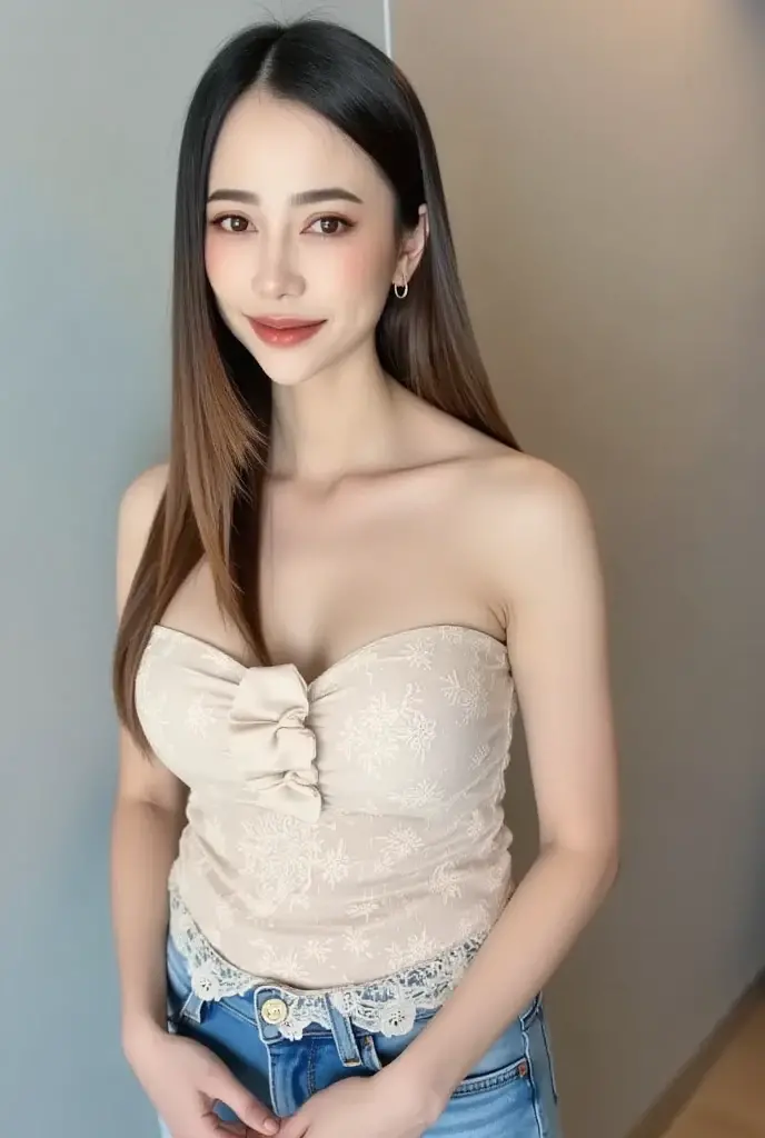((Highest quality, 8k, masterpiece: 1.3)), sharp: 1.2, Perfect Body Beauty: 1.6, ((Layered Hairstyles, Big Breasts: 2.5)), (Golden lace dress: 2.0, Off-the-shoulder dress: 2.0, Bold breast exposure: 2.0), (Boldly exposed cleavage: 2.0), ((long hair: 2.0)), ((necklace)), Earrings, ring, Bracelet, Hair Accessories, ((Beautiful young teenager woman)), ((Straight nose)), (Eyeliner), Armpit Hair, Bristles, ((White and beautiful skin)), Wavy Hair, Beautiful attention to detail, Super detailed, Highly detailed face and skin texture, fine grain, double eyelid, Black Hair, Big Ass, Lower Body, Thighs, (((Skinny))), Wet and shiny lips, smile, Get a grip on your body, ((Anatomically correct human body)), ((Crisp body shape)), Ribs, clavicle, Protruding skeleton, A face without nasolabial folds, Shyness, Thin eyebrows, Big eyes, (shoot from side: 1.0), (Narrow shoulders: 2.0), (Smile: 1.0), Corset-like dress, White skin