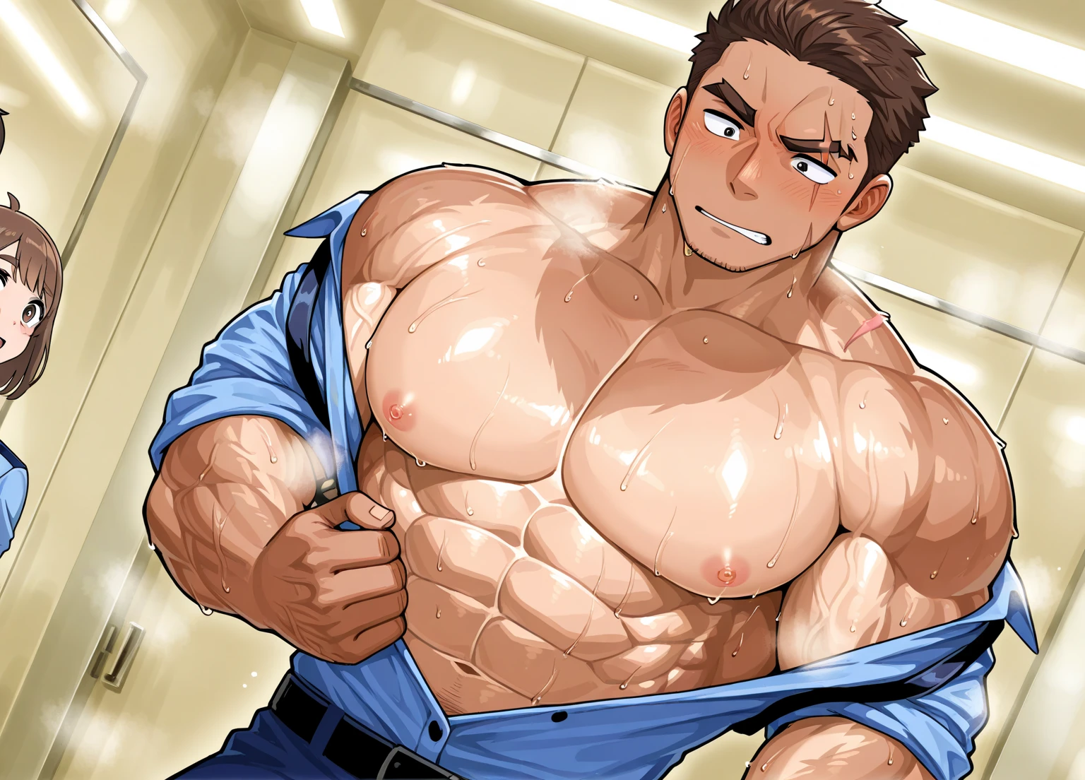 Grinning fearlessly,(((8-year-old boy))),Huge muscles,Huge penis,Glare