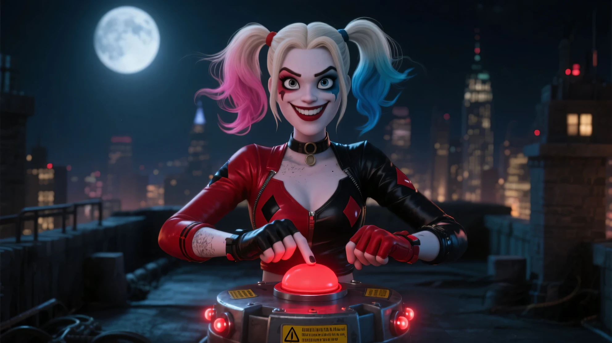 Harley Quinn, 1 girl, very aesthetic, detailed portrait, beautiful detailed eyes, beautiful detailed lips, extremely detailed face, long eyelashes, colorful outfit, red and blue pigtails, clown makeup, mischievous expression, dynamic pose, cinematic lighting, vivid colors, photorealistic, 8k, best quality, highly detailed, intricate details, concept art