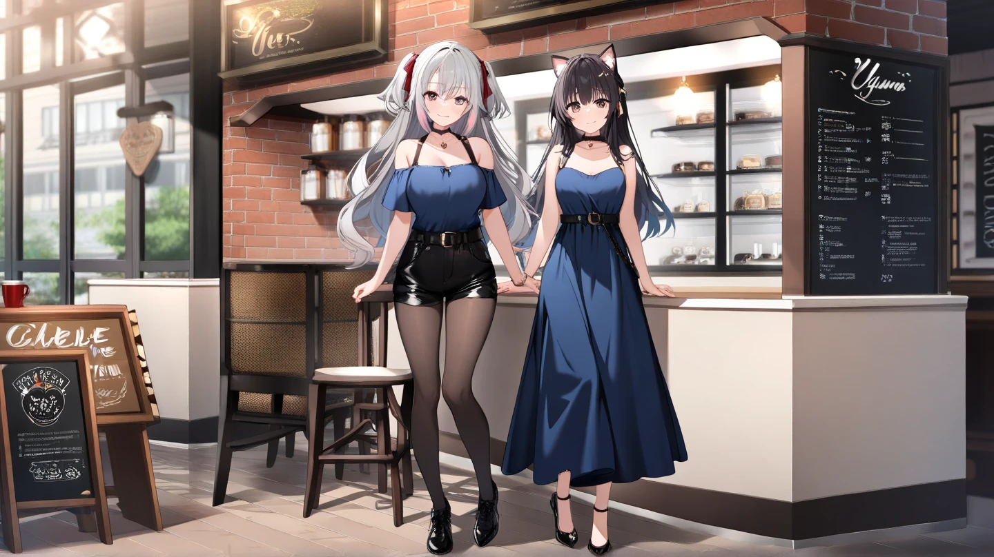 A woman wearing a gray suit, gray pants, long gray hair, women's shoes, red eyes, large breasts, full body, walking in a room with a large glass window overlooking trees, serious face, sunglasses on her head, HDR, ultra resolution, sharp, masterpiece, 8K HD, (just a girl, solo)