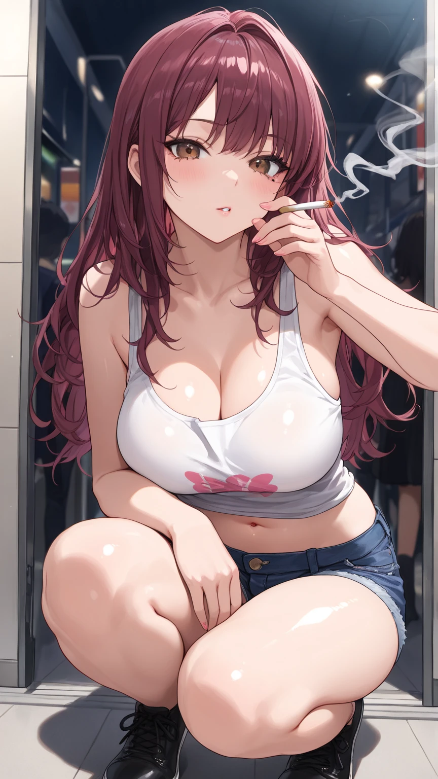 score_9, score_8_up, score_7_up, source_anime, rating_explicit, beautyful mature japanese woman, slim body, slender body, pink jacket, lax face, black big chocker, lowered black jeans,big long fringe black hair, black lipstick, black bra, SMOKING, pink panties