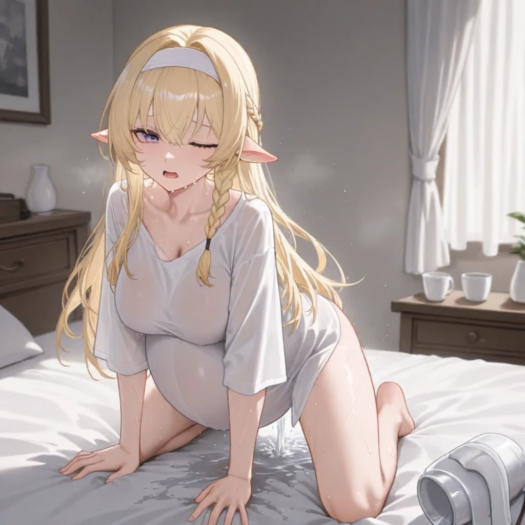 ((best quality)), ((best detailed)), (perfect face), 1makeup slim playboy bunny, looking at viewer, gleaming naked full body shot , having doggy style sex with 1boy , penis in the vagina, high heel, beautiful breast and nipple, ((spread Beautiful long legs)), from behind shot , Sweat, show off pussy, pussy juice, (ecstasy embarrassed), blonde wet long hair, at bedroom, earring, anklet, elf