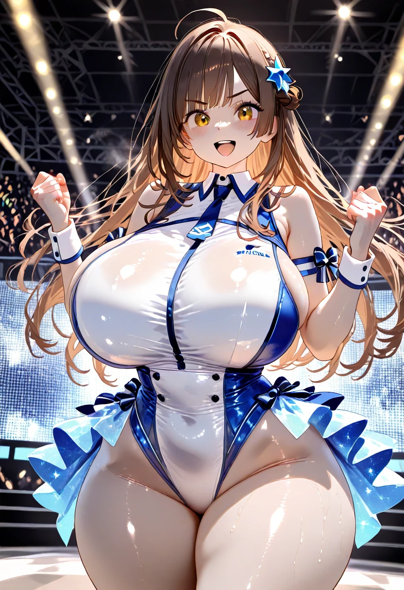 sakaidayukino. Her hair is tied up and placed over her shoulders in front of her chest brown hair, hair ornament, hair scrunchie, brown eyes, bow, bangs, hair bow ,, large breasts, live stage, solo nipple, naked, Peeing, lactation, projectile lactation, , Sweating profusely, Love juice, Wet Woman, female ,