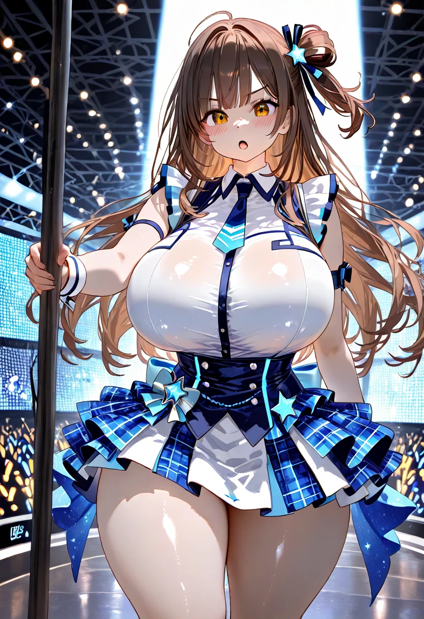 IWAMOTOTATSURU, BROWN HAIR, LONG HAIR, PONYTAIL, SIDE PONYTAIL, GREY EYES, large breasts,, Live Stage, solo nsfw