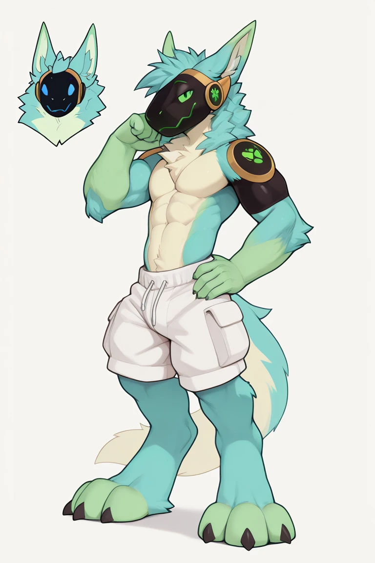 Protogen, pelaje plateado y ojos verdes, pelaje suave, cuerpo detallado, de pie