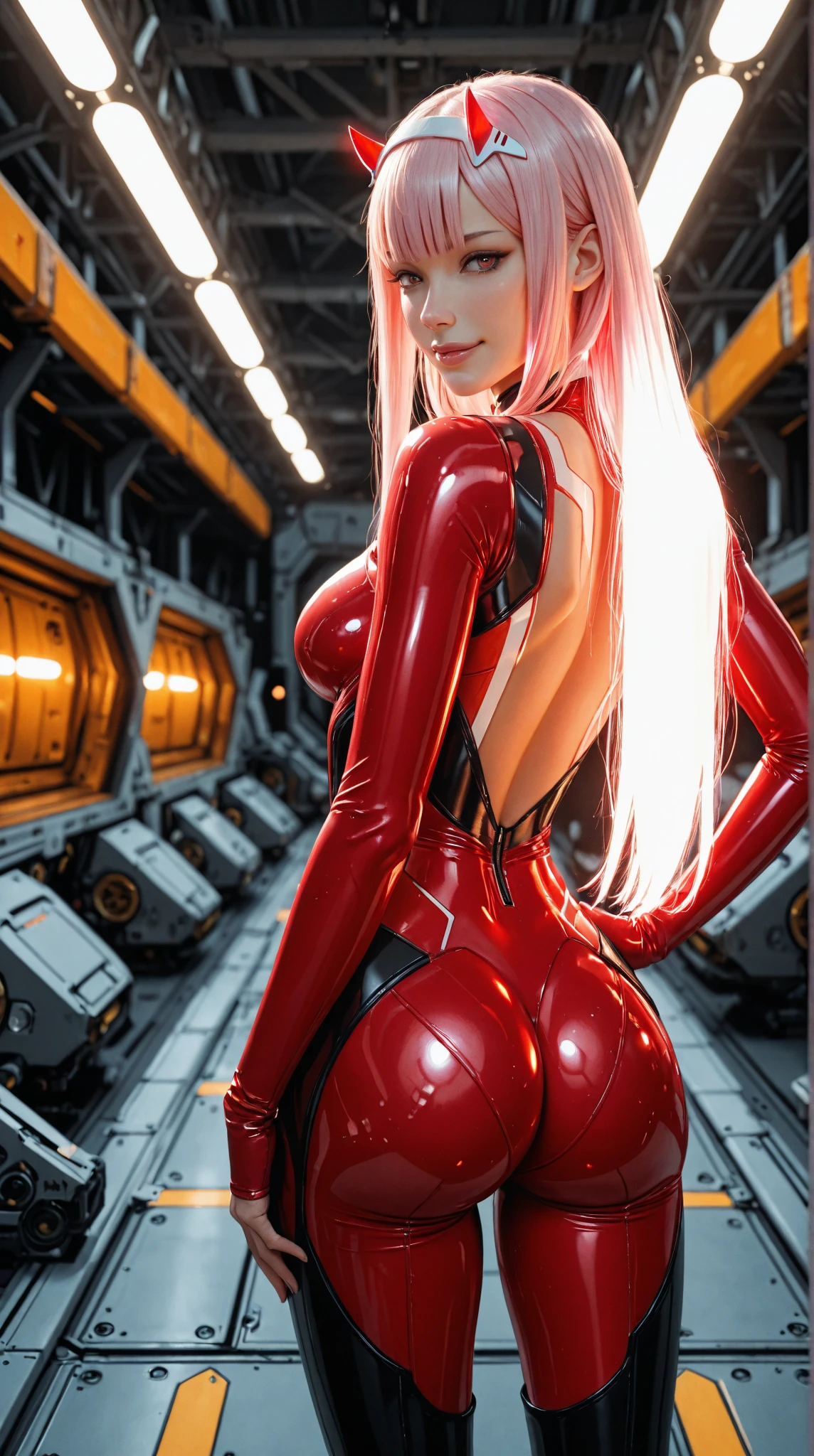 rear view, backside view,Best Quality，tmasterpiece，ultimate resolution，Suave，extremely colorful，Color，Mermaid princess，(souryuu asuka langley:1.4)，(red latex bodysuit:1.4), Black stockings，Starrysky Android!,More detailed 8K.unreal engine:1.4,UHD,La Best Quality:1.4, photorealistic:1.4, skin texture:1.4, masterpiece:1.8,first work, Best Quality,object object], (detailed face features:1.3),(inside a blue gym:1.4),(long pink hair:1.4),（Beautiful and detailed eye description）,(detailed hands), (white sportswear:1.4), Ultra-detailed,(souryuu asuka langley traje red),Ultraphotomicrography,(detailed eyes )