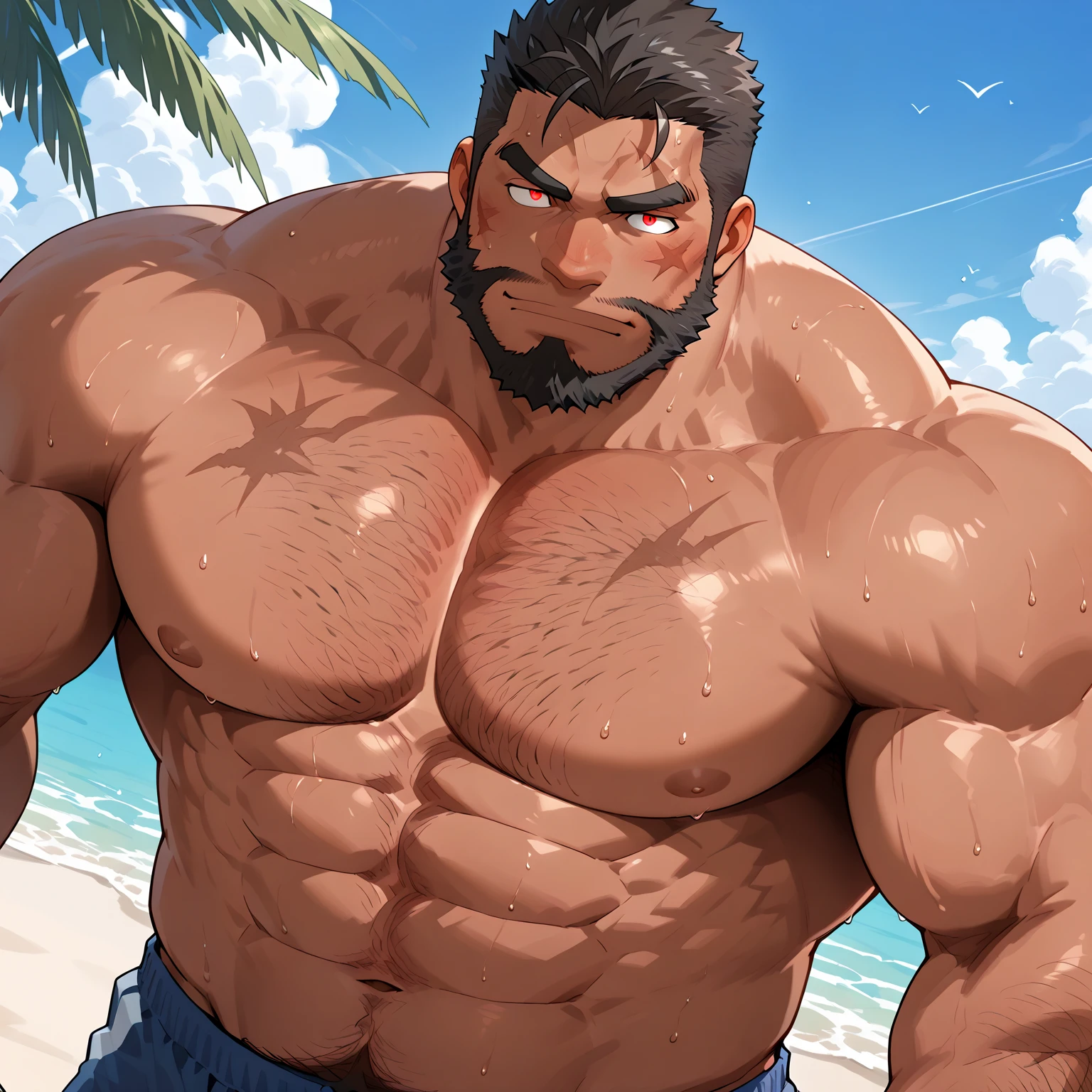 male, (full nude, only black shorts,) muscular, hairy, blush, middle aged man, realistic, fun at beach, sweating, wet body, big bulge,
