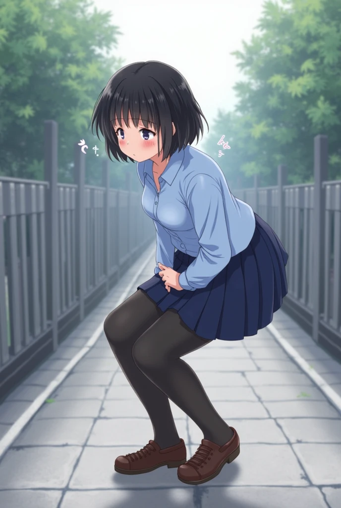 One woman, blush,  Sweat Embarrassed Smile Showing Nipples Front, Short Hair, Black Hair, feel flat chest pubic hair 8k, Very detailed, 16K, (naked), City Walk Black eyes Pink polo shirt Short sleeves Black skirt Skirt lifted Lifting skirt with both hands No panties Pussy Looking at me from below