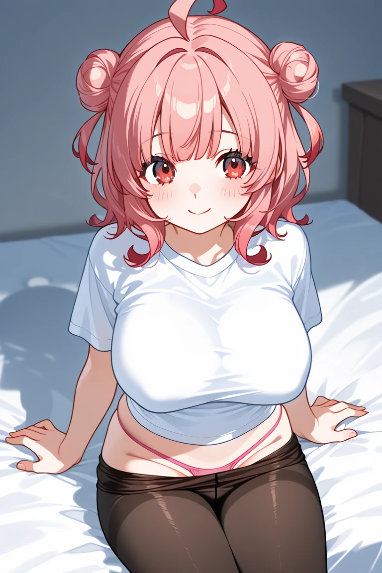 masterpiece, best quality, ultra-detailed, extremely detailed,illustration, 1girl, solo, honokabkn, white shirt, crop top, underboob, collarbone, navel, striped panties, blue panties, large breasts, red eyes, blush, parted lips, wet clothes, sitting, wariza, bed, bedroom, indoors, feet out of frame, <lora:DOAHonokaBikini0826:0.7>