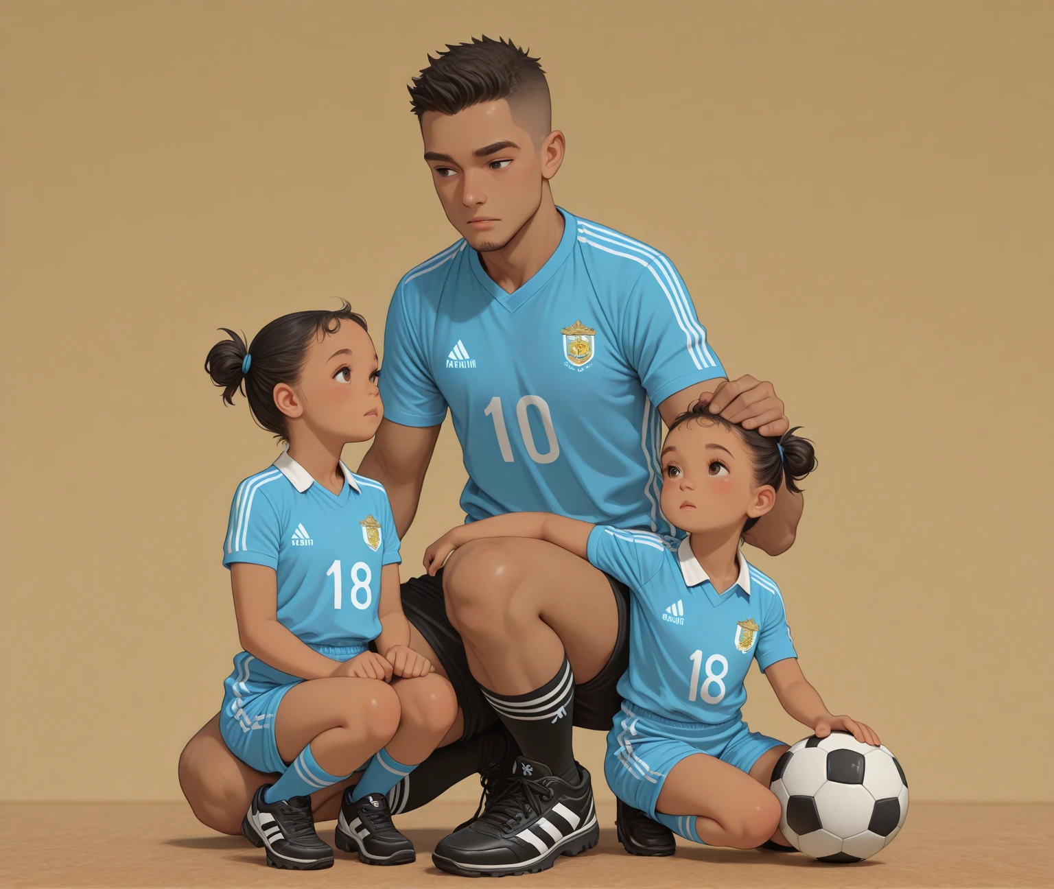 ((Best Quality)), ((masterpiece)), (detailed), a black-haired, blue-eyed soccer player with an Argentine shirt holding a baby next to a black-haired girl with green eyes