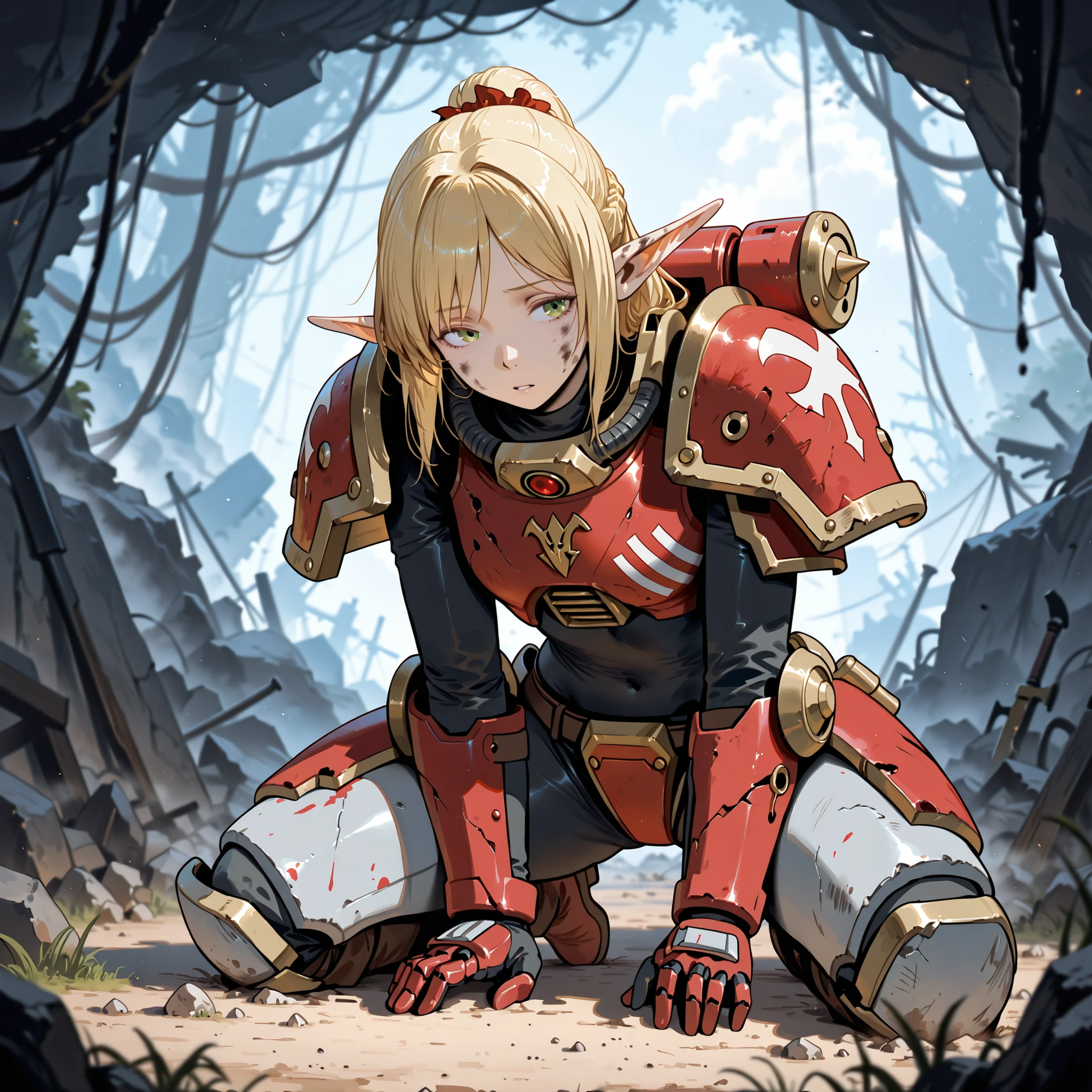 one girl、Elf、Freelen、Tired expression、sit on the ground、Camping、My face and body are dirty、mechanical armor、World of Warhammer、rubble、Ruined landscape、war、masterpiece、top quality、