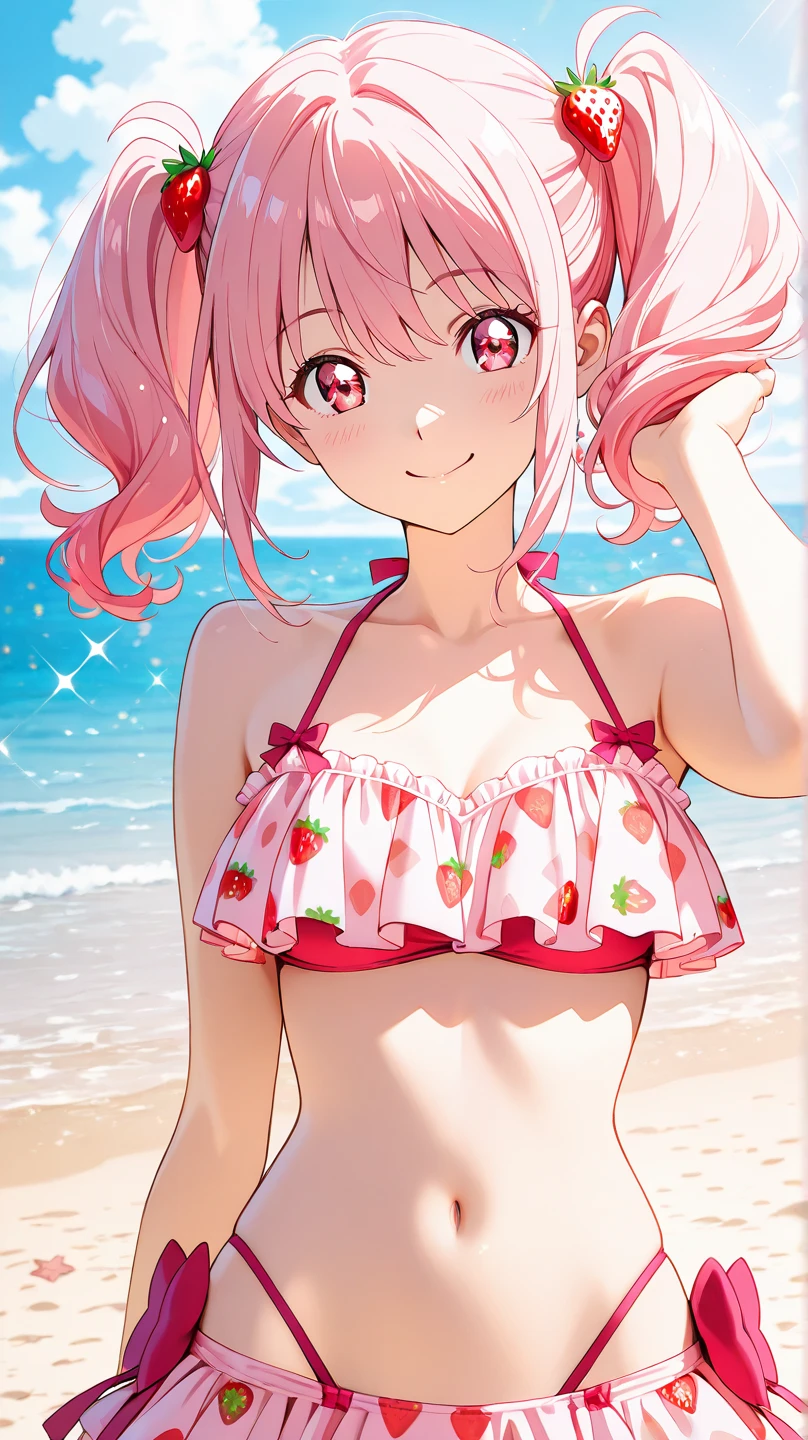 Magical three-stage transformation: Fresh strawberry → layered strawberry cake → cute anime girl in strawberry-cake . Connected by swirling pink magical energy. The girl has strawberry-pink twin-tails with cake accessories, wearing  with strawberry patterns and cream frills, sweet smile, beach background. Anime art style, kawaii, high quality, detailed illustration, vibrant summer colors, magical sparkle effects. high resolution, masterpiece, detailed anime art, professional illustration, trending on pixiv, beautiful lighting, summer vibes, magical girl aesthetic