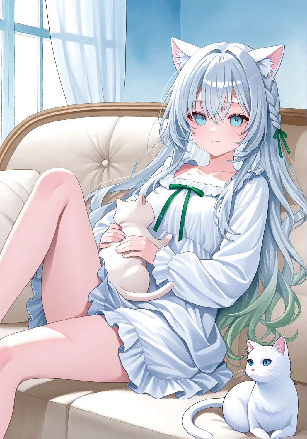 (超detailedなイラスト:1.2),Very delicate and beautiful,非常にdetailed,CG,Unity,8k wallpaper,wonderful,detailed,masterpiece,The best quality in the best condition,Official Art,非常にdetailed CG 8k Unbelievably ridiculous resolution,Beautiful and exquisite,High resolution,非常にdetailedな目と顔,Anime girl sitting on the sofa with a cat in her arms,