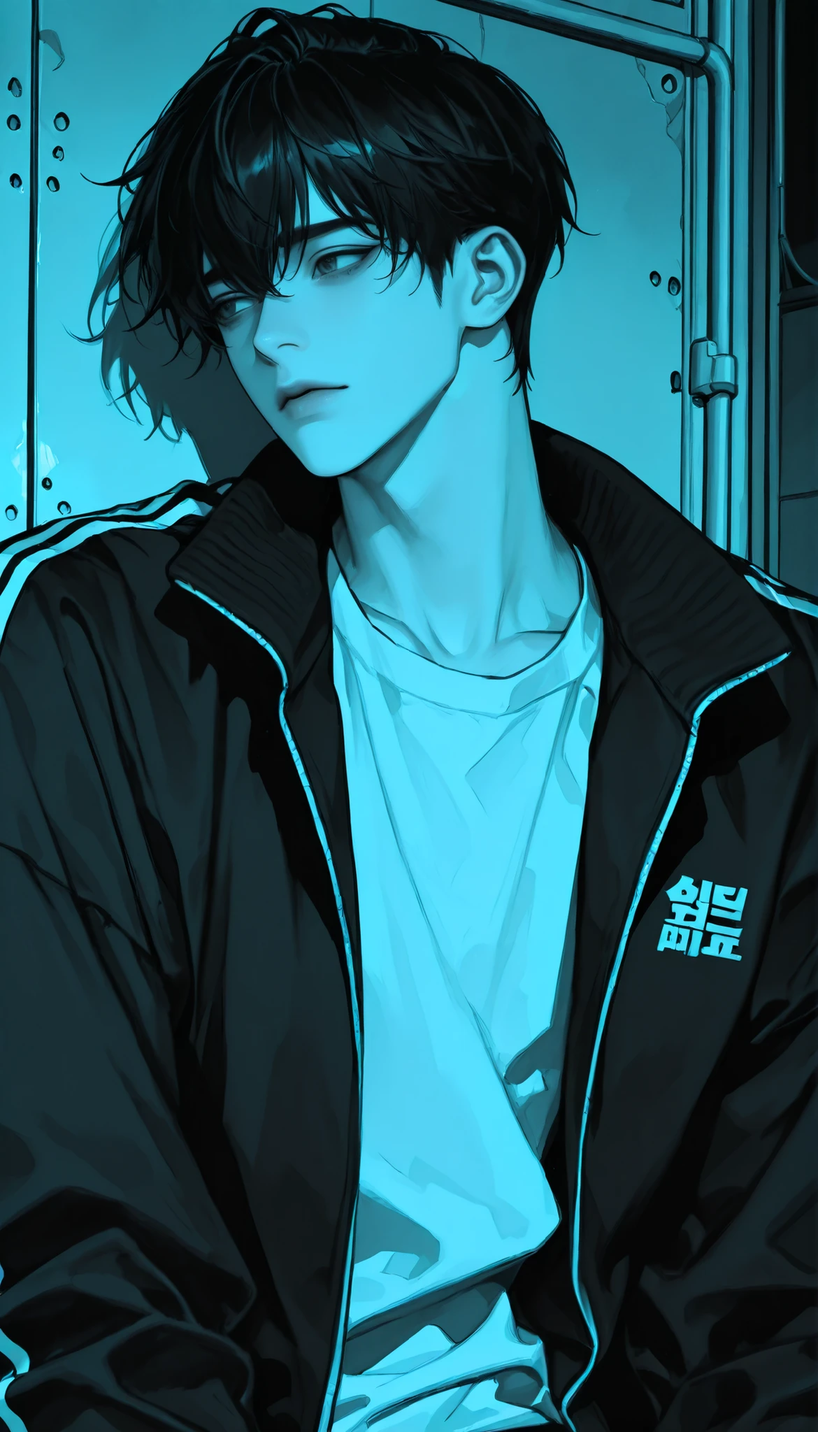 1boy, Korean handsome boy, black hair, coma hair style, wear white shirt and black tracktop, depression, noire, monochrome, soft details