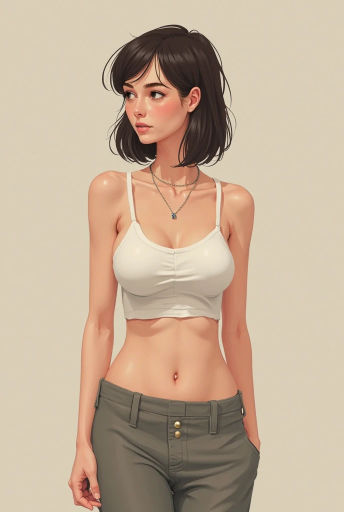 Realistic Young Girl With Deep Neckline, huge big breasts size 4, standing close and looking forward in a short school skirt