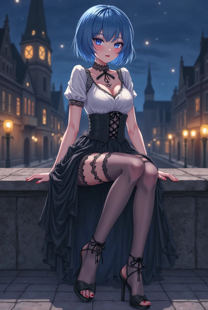 (masterpiece:1.5, best quality:1.5, painting:0.5, grayscale:0.7, absurdres:0.95), perfect anatomy, midriff, navel, 1girl, vampire, (piercings), curly blue hair, red eyes, choker, ribbon, seductive smile, seductive pose, black victorian dress, black stockings, drinking wine, sitting on a balcony, legs spreading, castle, night, lights, scenery