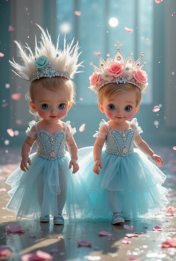 a closeup of a young CHILD wearing a white dress and a tiable, wearing a light gray crown, silver curly hair, white curly hair, in costume, alexa grace, posing in leotard and tiara, wearing angel halo, wears a light gray crown, curly white hair, smiling like a fairy queen, of a beautiful angel girl, GIRL WITH ANGEL WINGS, OIL BLUE BACKGROUND.