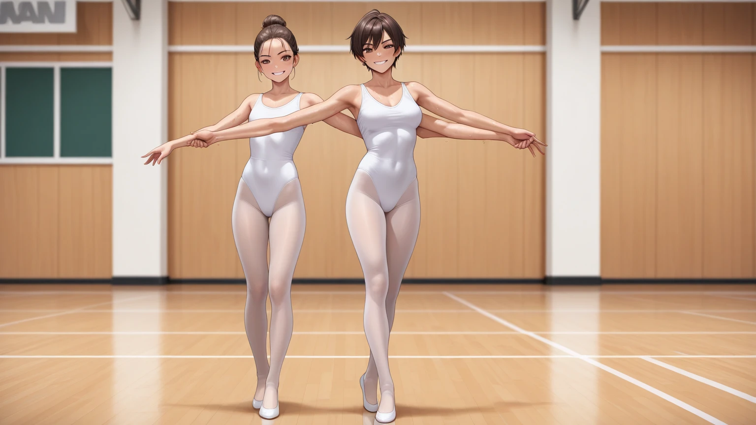 highquality illustration, masterpiece, very delicate and beautiful, attractive girl,(colorful leotard, heattech leotard,tight leotard,long_sleeve leotard,ribbed leotard,high_leg leotard,turtleneck leotard), thin,slender body,slim,gymnastics club,2 girls,gymnastics athlete,bare legs,gymnasium background,beautiful eyes, light smile,(masterpiece, best quality:1.2), highres, extremely detailed CG unity 8k wallpaper, perfect lighting, Colourful, ultra-high res,4K,ultra-detailed, photography, 8K, HDR,  17 ages, 