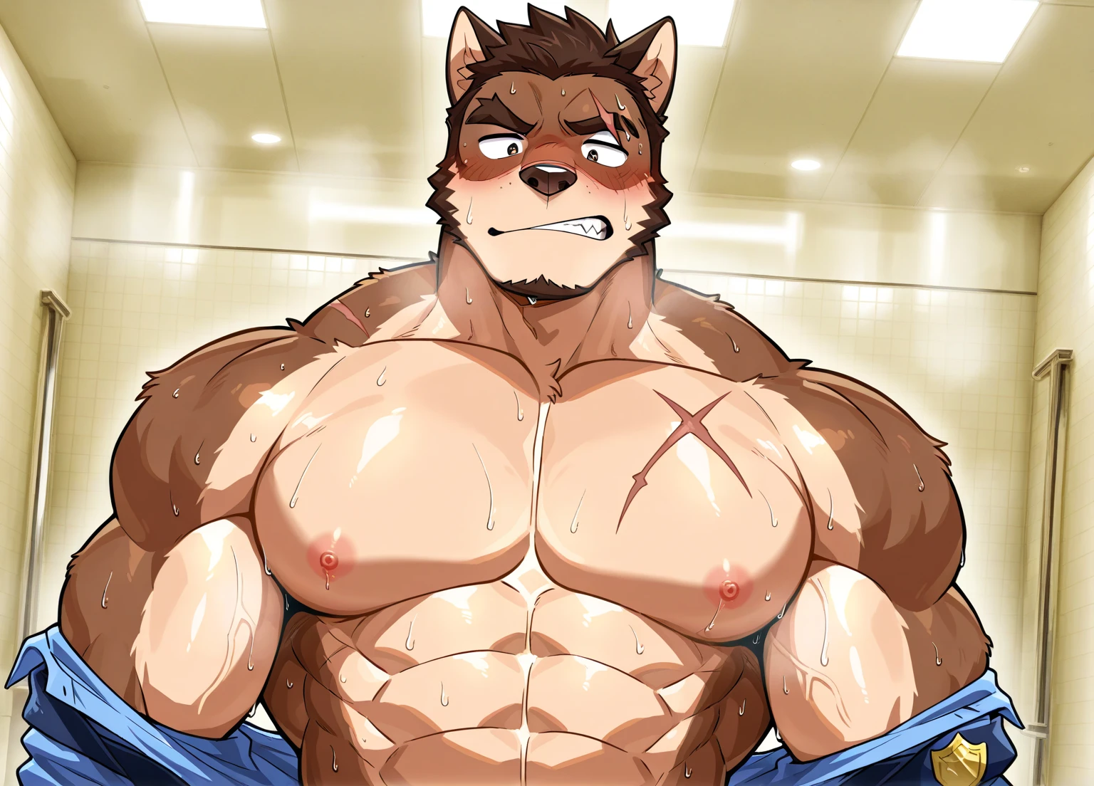Medium muscular, legoshi (beastars), furred, no shirt, no pants, no shorts, jockstrap, anatomically correct genitals, wolf genitals, massive bulge, big bulge, large bulge, bulge as big as his head, zoomed in on crotch, (((sweaty))), arms above head, spread legs, standing up, breathing hard, standing in a gym locker room, bedroom eyes, hairy armpits, hairy lower chest, hairy chest, mystikfox61, chunie, darkgem