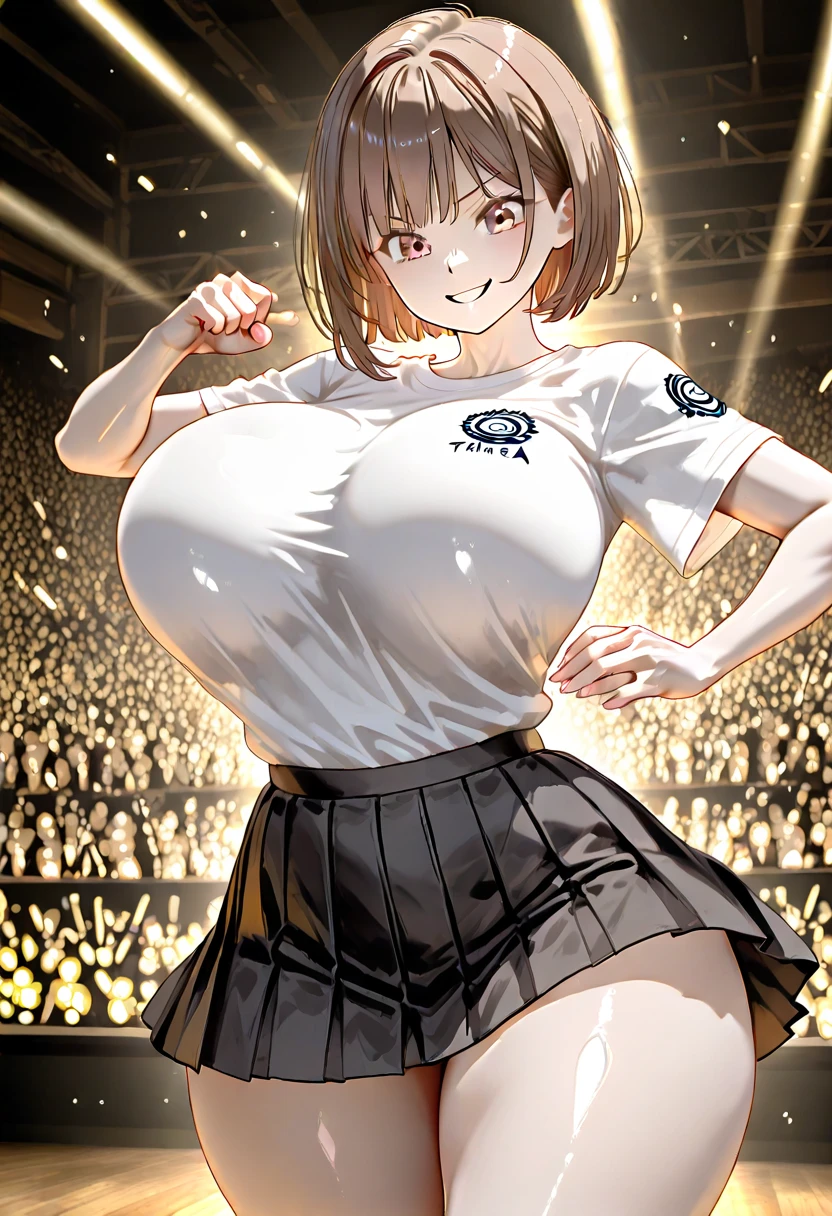Erotic Anime Illustration、fantasy、A plump maid serving a party、beautiful eyes、dance hall、black magician girl、mini skirt、ecstatic smile、Overwhelming huge breasts that go beyond common sense、thick legs with fat、perfect proportions、cowboy shot