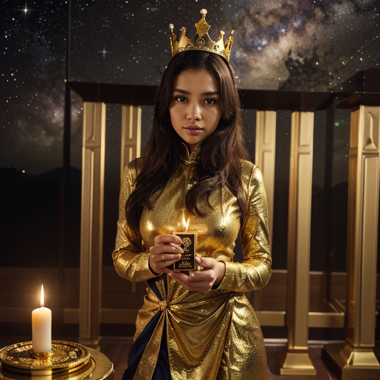 "Embracing Spiritual Challenges: The Path to Inner Growth and Universal Harmony" A beautiful young woman sits in meditation, her long hair cascading down. She is adorned in an exquisitely embroidered white robe with intricate gold patterns. Surrounding her are geometric designs and complex golden Star of David symbols, with some forming a large halo behind her head, background universal vibrations cosmic energy, unconditional love, spiritual awakening,