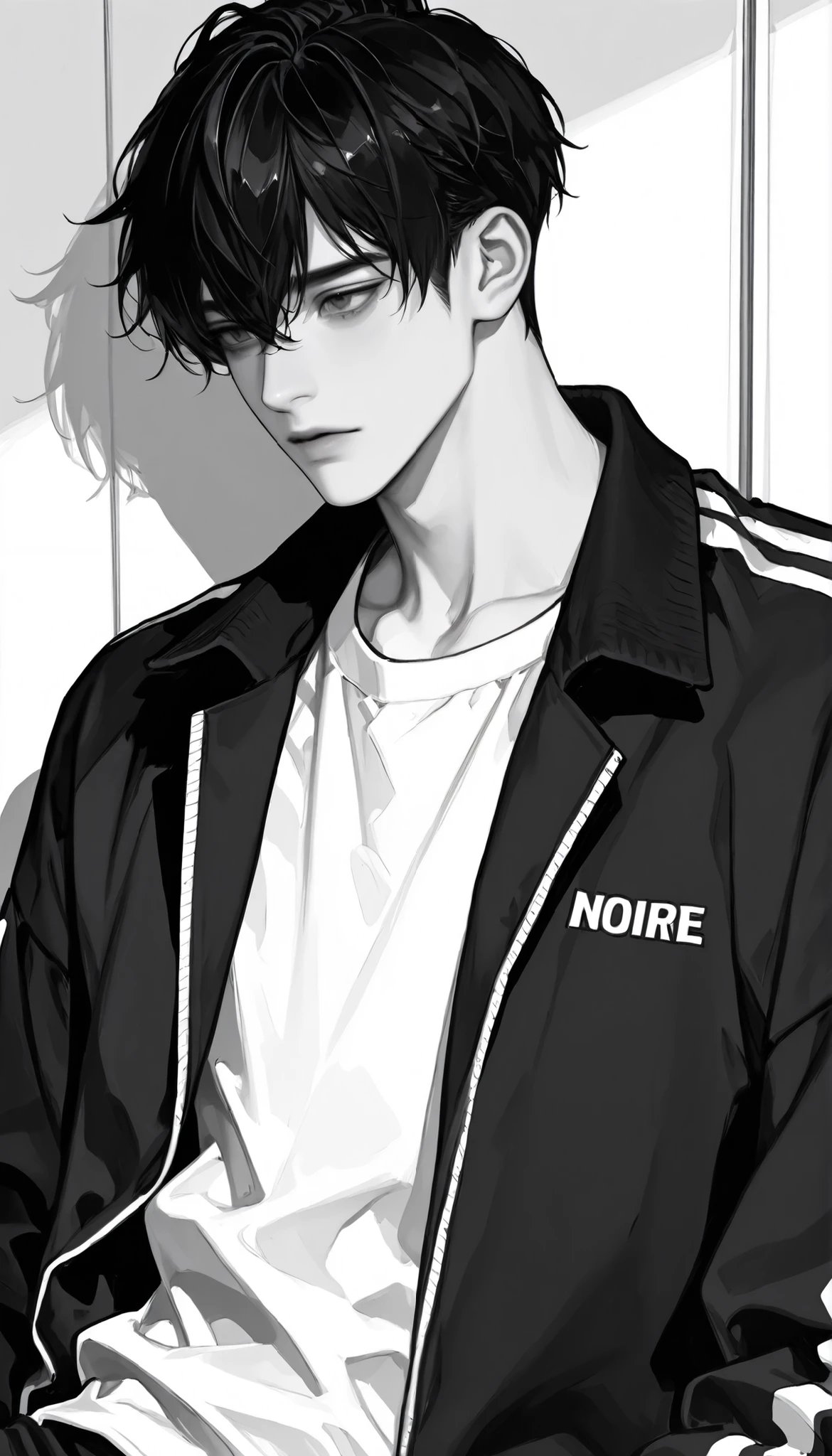 1boy, Korean handsome boy, black hair, coma hair style, wear white shirt and black tracktop, depression, (noire, monochrome, soft details)