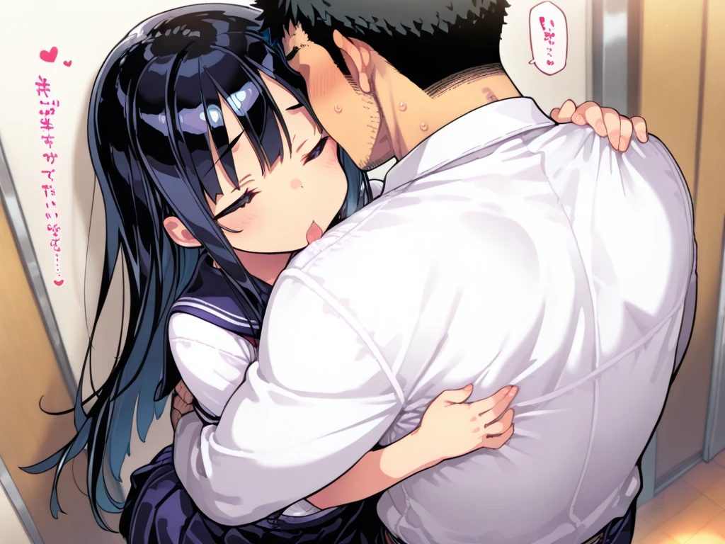 A naked middle-aged man is kissing and putting his tongue into a small-breasted girl with black bob hair, eyes wide open, crying, nipples erect, pale pubic hair, topless, wearing floral panties and a checked skirt, who is shy and scared and resisting, on a train、whole body