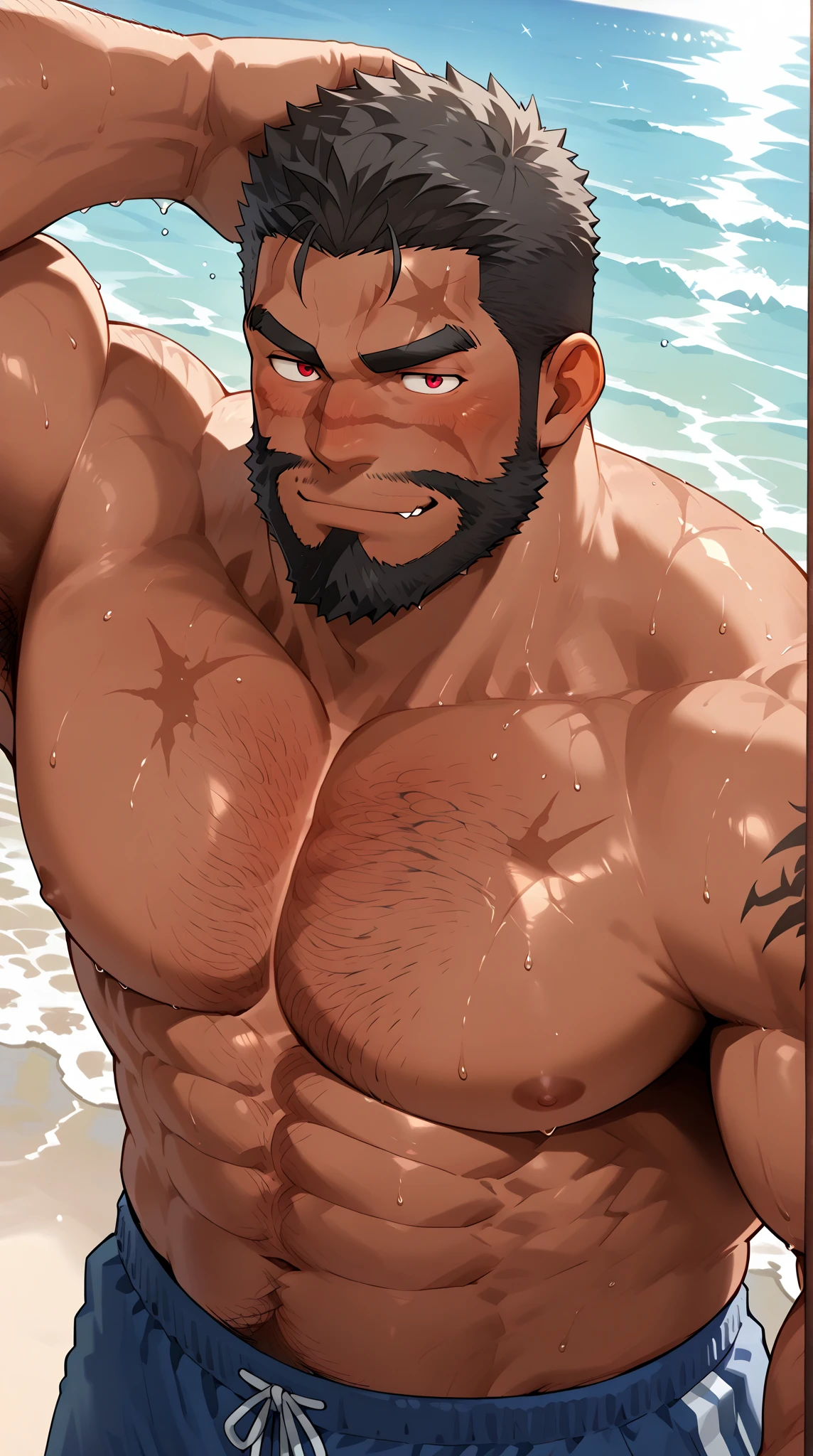 score_9, score_8, score_7, 8K,masterpiece, detailed, source_anime, (hyperdetailed face),(Ultra-detailed eyes)、 {{masterpiece, Best Quality, Highly detailed}}、(Detailed: 1.2), (Very detailed and beautiful: 1.1)、illustration, 40 yo daddy, gay, bara, solo male, mature male, muscular, dark skin, blond hair, manly, gaudy, soft smile, pierced earrings, crew cut hair, tongue piercing, Yankee, beach, sexy men's swimwear