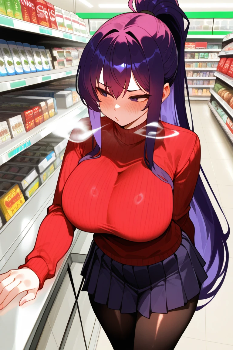 Haruna Sairenji, hair ornament, hairclip, (purple eyes:1.1), purple hair, short hair, swept bangs, (forehead:1.3),,  empty eyes Running, wearing nothing, big anime eyes, , shiny hair, bare-skin, navel, the groin, BREAK in front of convenience store, large breasts、　Nipples, nsfw, nipple , Heavy snowfall, solo, Peeing, lactation, projectile lactation (Sweating profusely, Love juice, Wet Woman, female ejaculation)