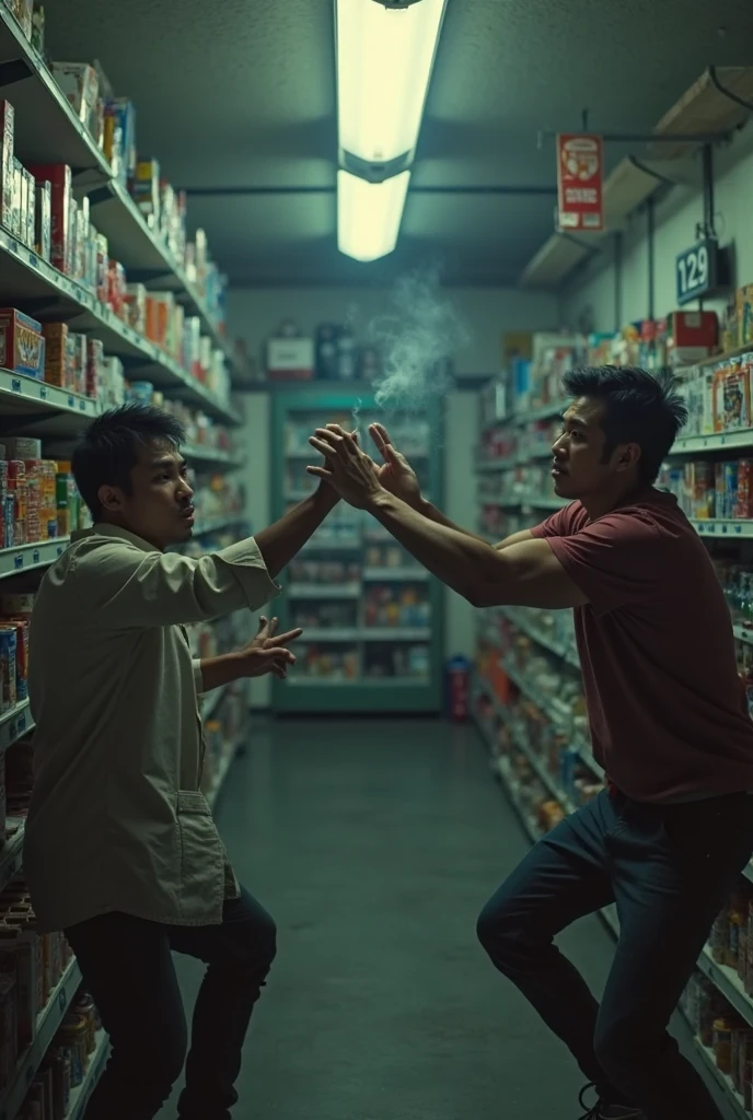 Two korean men fighting topless, wearing lightblue jeans, shoes, supermarket background