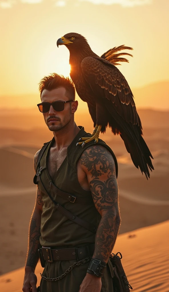 A handsome slim shirtless white skinned man in the desert with a falcon and two leopards
