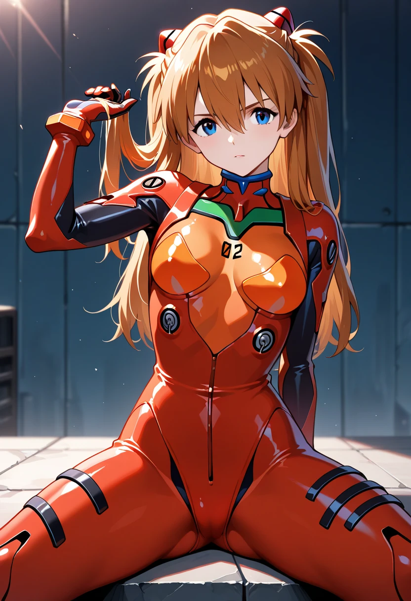 1girl, souryuu asuka langley, neon genesis evangelion, big breasts, red plugsuit,cleavage,bare navel,sleeveless:1.5,standing at a futuristic bed room. She is positioned with her back to a sliding automatic door. , cowboy shot,masterpiece, best quality, very aesthetic, absurdres,