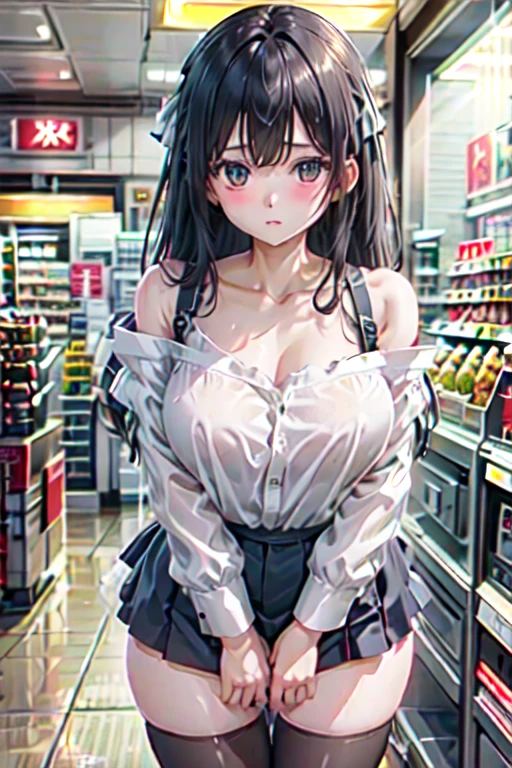 Anime Kawaii sexy Perfect Slim sensual body large breast and huge thighs, An intricate and highly detailed illustration of anime (Young girl)  ((perfect anatomy, super detailed skin)), 1 girl, japanese, , shiny skin, watching the view, 
beautiful hair, beautiful face, beautiful detailed eyes, (long hair:1.4, twintail:1.6), (babyface), large breasts:0.5, seductive arms, seductive thighs, 
((sweater, denim shorts, denim jacket)), 
(smile), walking,  
(beautiful scenery), inside convenience store, 
(8k, top-quality, masterpiece​, extremely detailed), (photorealistic), beautiful illustration, cinematic lighting,
