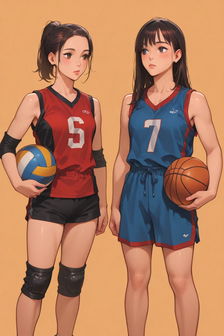 (top-quality、8K、32K、tmasterpiece、NFFSW、超A high resolution、Impresionismo、Photorealsitic:1.2)、full bodyesbian, Inside the gymnasium、volleyball field、beauitful face、blurred back、16-year-old beautiful girl、shiny skins、bob-cut、Beautiful black hair、Red eyes、(hachimaki:1.2)、Volleyball Uniforms、curves、dynamicposes、mouth open smile、Two girls