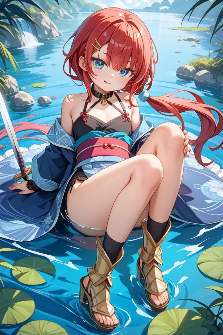 a beautiful witch girl totally naked, full body, medium breasts, vagina, wet body , smile , teen girls , twelve year old girls, standing girl , cum leaking from vagina, tribal tattoo, slave collar, very long hair, sunlight,meakurosaki, red hair, blue eyes, braid, braided ponytail, short hair with long locks, ahoge,