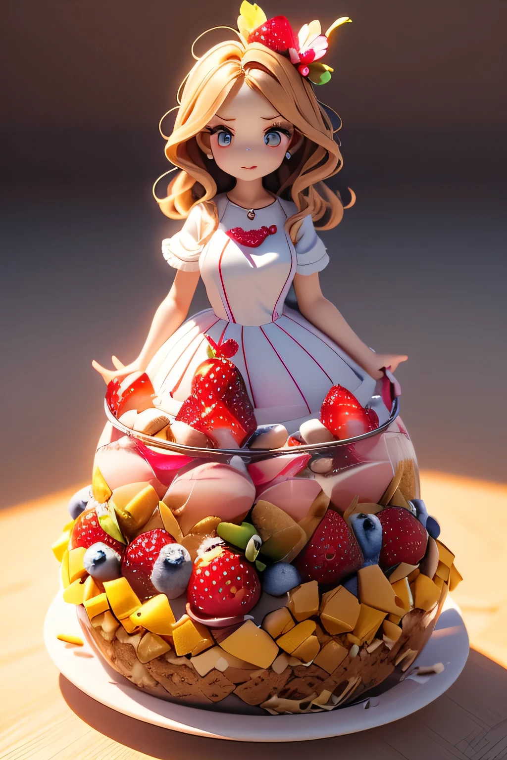 (Sweets transformation),(((A woman who personifies a fruit parfait:1.3))),fresh cream,strawberry,peach,orange,blueberries,professional lighting, Real Shadow,Extremely Delicate and Beautiful Hair,detailed clothing features,professional lighting, Real Shadow,use shadows to project the target three-dimensionally,Complicated Details,clothes disturbed by movement,(((3D Images:1.3))),(image mode ultra HD),