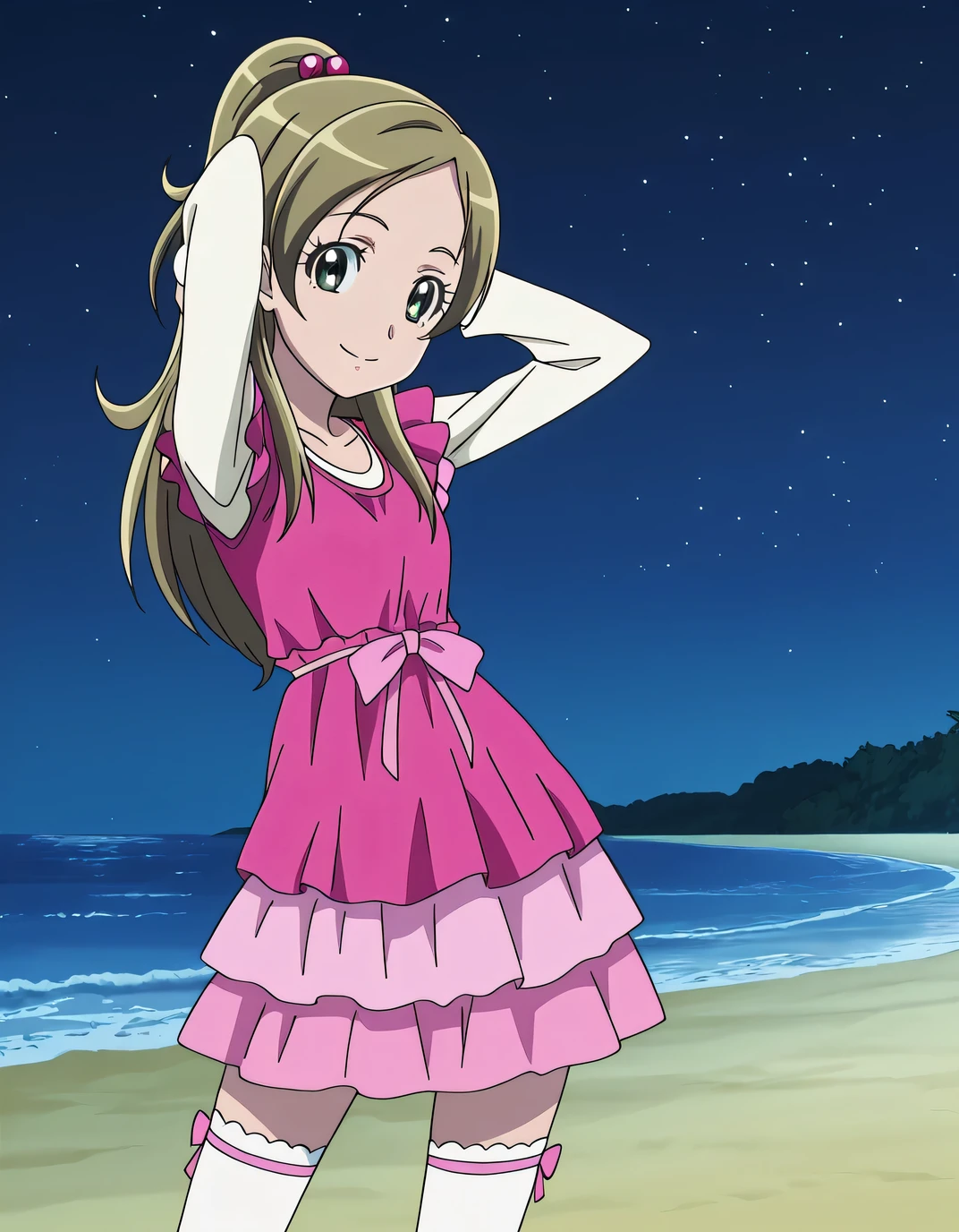 minamino kanade, casual, brown hair, blonde hair, long hair, half updo, ponytail, eyelashes, green eyes, hair bobbles, pink dress, white shirt, long sleeves, frills, pink skirt, pink bow, thighhighs, anime screencap, high quality, solo, night sky, beach, hands behind head, ((contrapposto)), closed mouth, cowboy shot, looking at viewer, smile, best quality